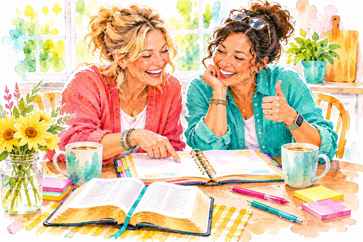 Two women laughing as they plan their ministry year with a Bible and planner