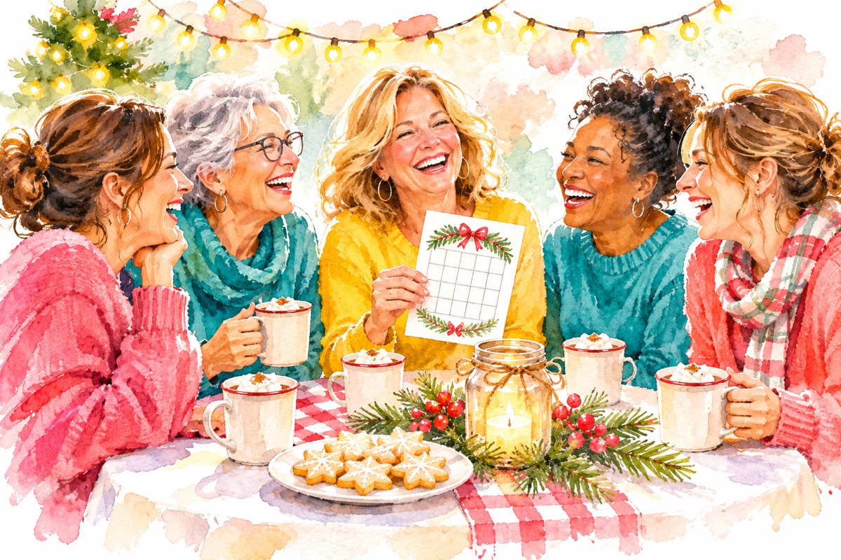 Women laughing together at a Christmas gathering with cocoa and cookies