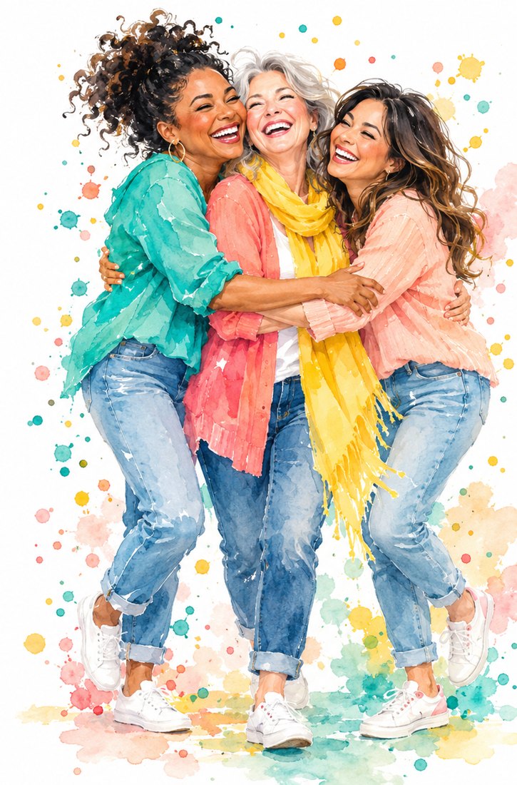 Three women friends sharing a joyful group hug