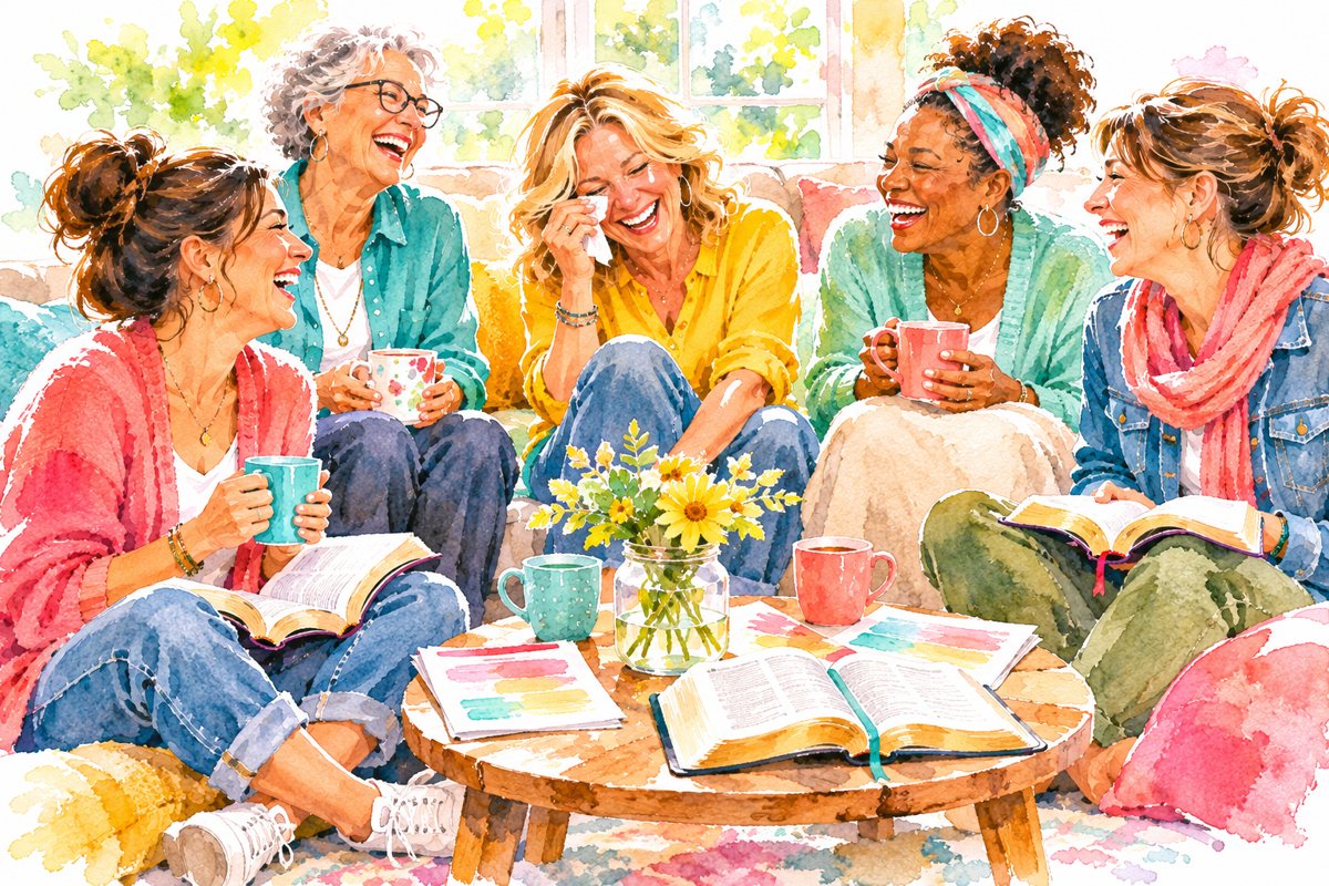 Five women friends laughing together at a retreat with Bibles and coffee